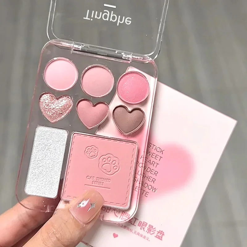 Paleta de sombras rosa laranja, 8 cores, blush facial, iluminador, duradouro, em forma de coração, cosméticos de maquiagem