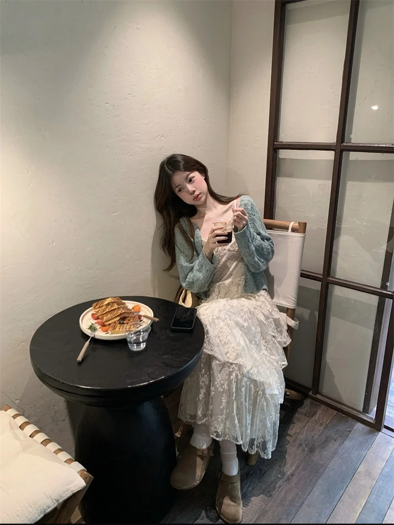 

Kumikumi Women's Lace Knitted Sweater Cardigan Spring Fashion Set with Hole Design Long Sleeve Inner Dress Two-Piece Set