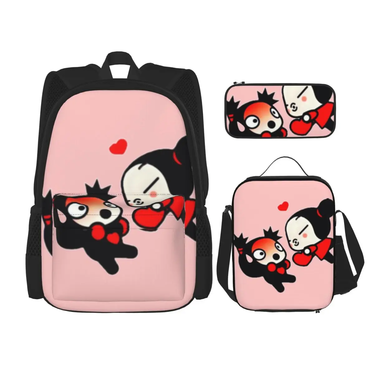 Cute Pucca And Garu Love Valentine Backpacks Boys Girls Bookbag School Bags Kids Rucksack Lunch Bag Pen Bag Three-Piece Set