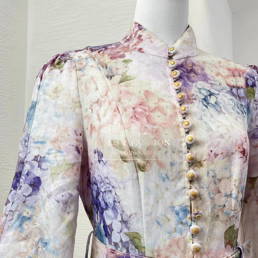 2025 New Spring High Quality Linen Multi Color Floral Print Long Sleeve Stand Collar Midi Dress for Women