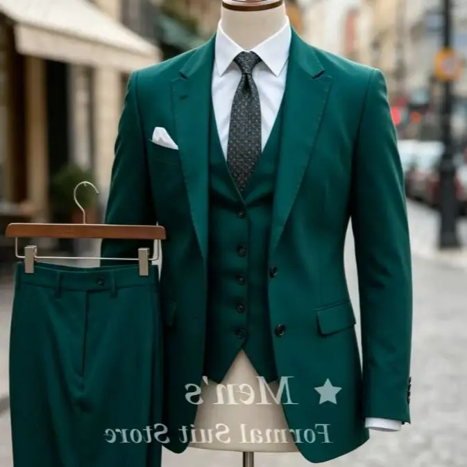 

Fashion Dark Green 3 Piece Slim Fit Suit Notch Lapel Blazer Vest Pants Wedding Groom Prom Business Banquet Suits Male Customized