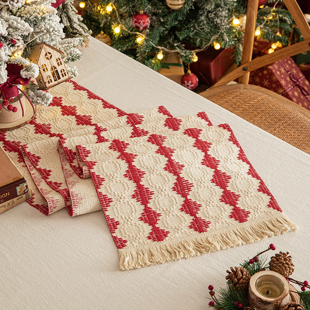 New Year Red Table Flag Cotton Linen Woven Tassel Placemat New Year Series Long Tablecloth Bed End Towel Atmosphere Decoration