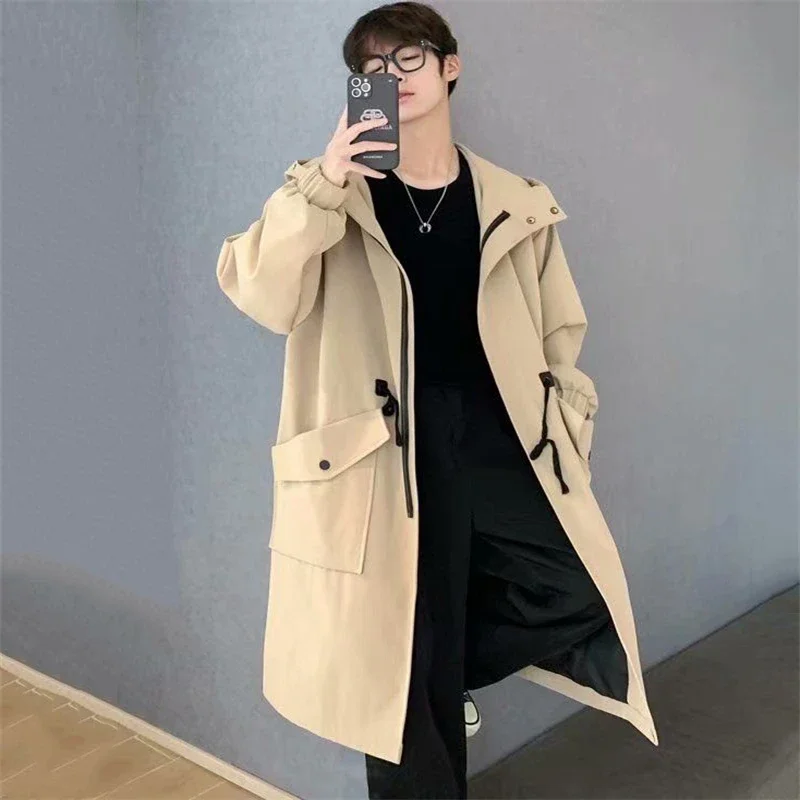 

Autumn Men's Fashion Trench Coat Black Windbreaker Man Hooded Coats Loose Long Coats Wild Spring Autumn Hoodies Tops