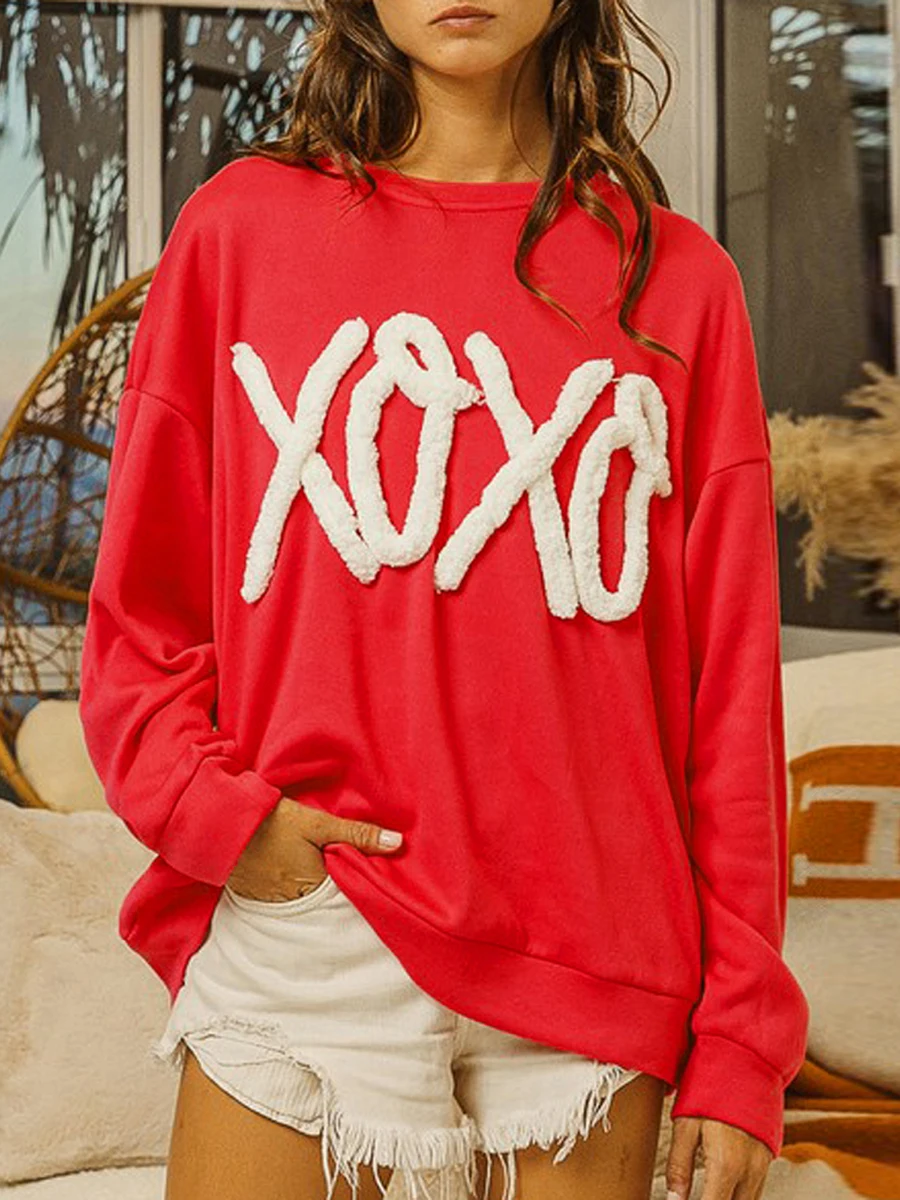 

Women's Spring Letter Embroidery Sweatshirt Long Sleeve Round Neck Loose Fit Pullover