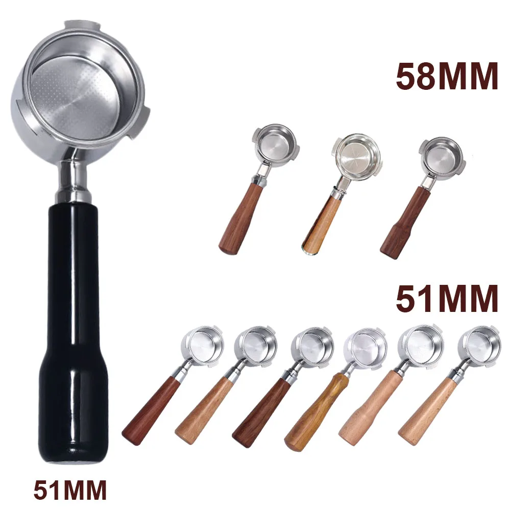 1Piece 51/58mm Coffee Bottomless Portafilter With Wooden Handle Filter Basket For Espresso Coffee Machine Handle Tools