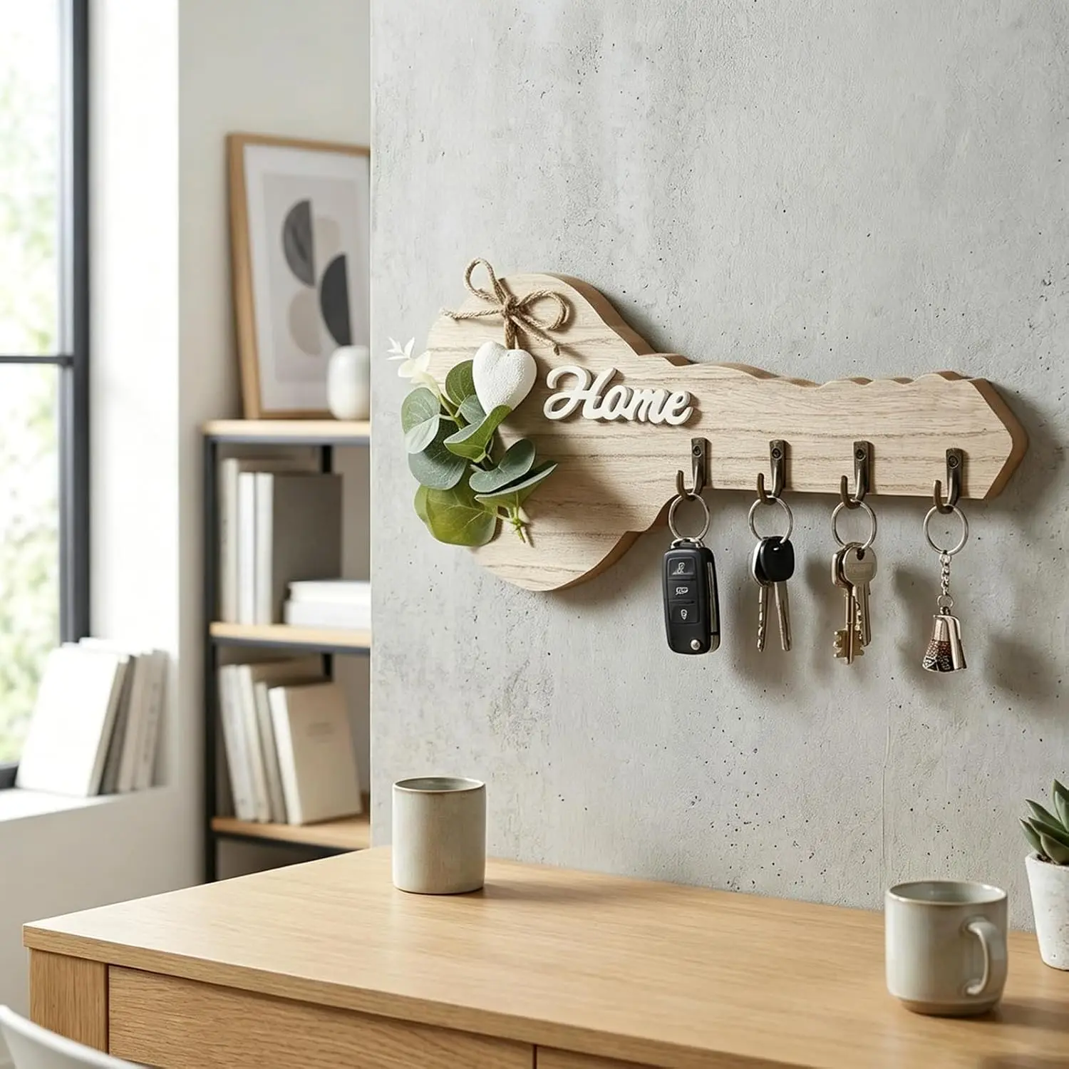Rustic Wooden Home Key Holder Wall Decor with Heart Accent & 4 Hooks, Wall Mount Entryway Organizer for Keys Coats Bags Hats view 4