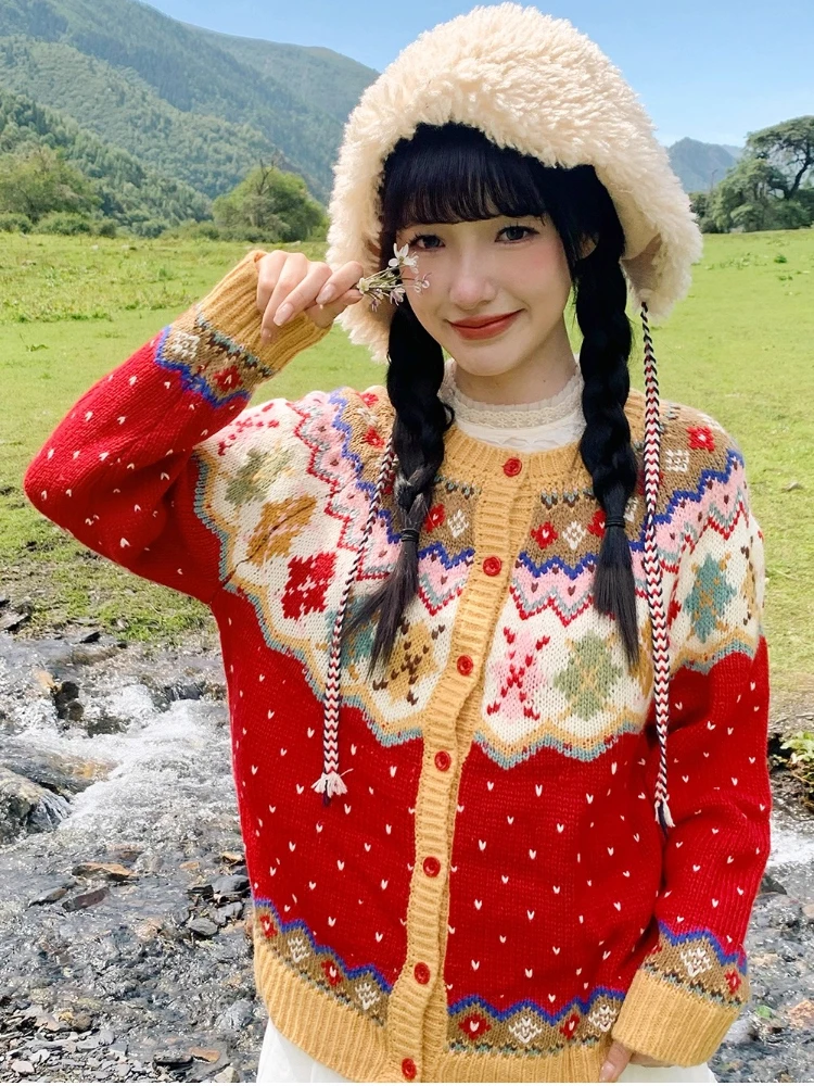 106 سنتيمتر تمثال نصفي خريف شتاء الأحمر بالأزرار البلوزات النساء Vintage أنيقة فضفاضة أيسلندا معرض جزيرة س الرقبة الصوف الدافئة محبوك البلوزات #1