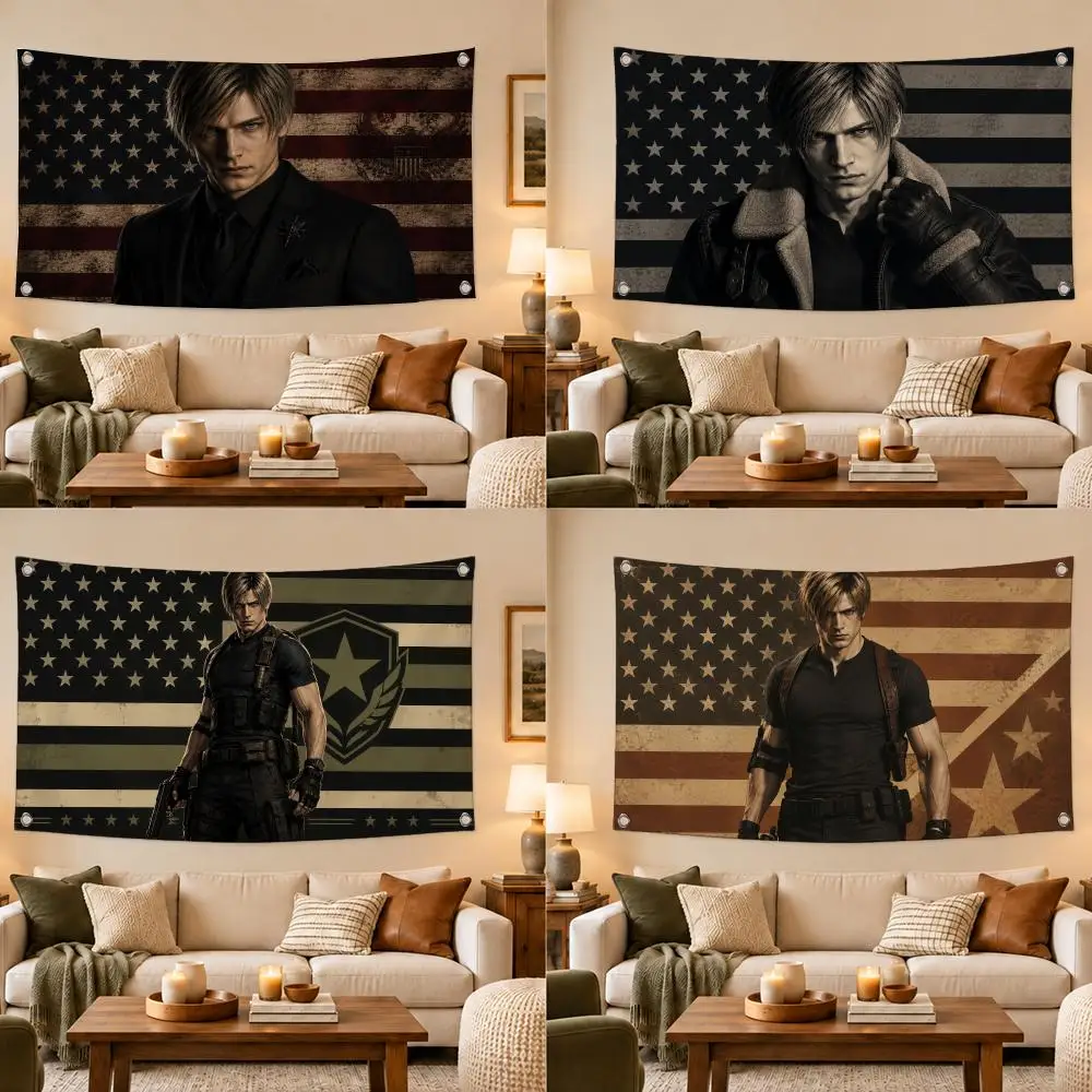 Game Leon S. Kennedy Flags Modern Fabric Banner Pennants Apt Living Room Photo Corner Wall Ornament Deco