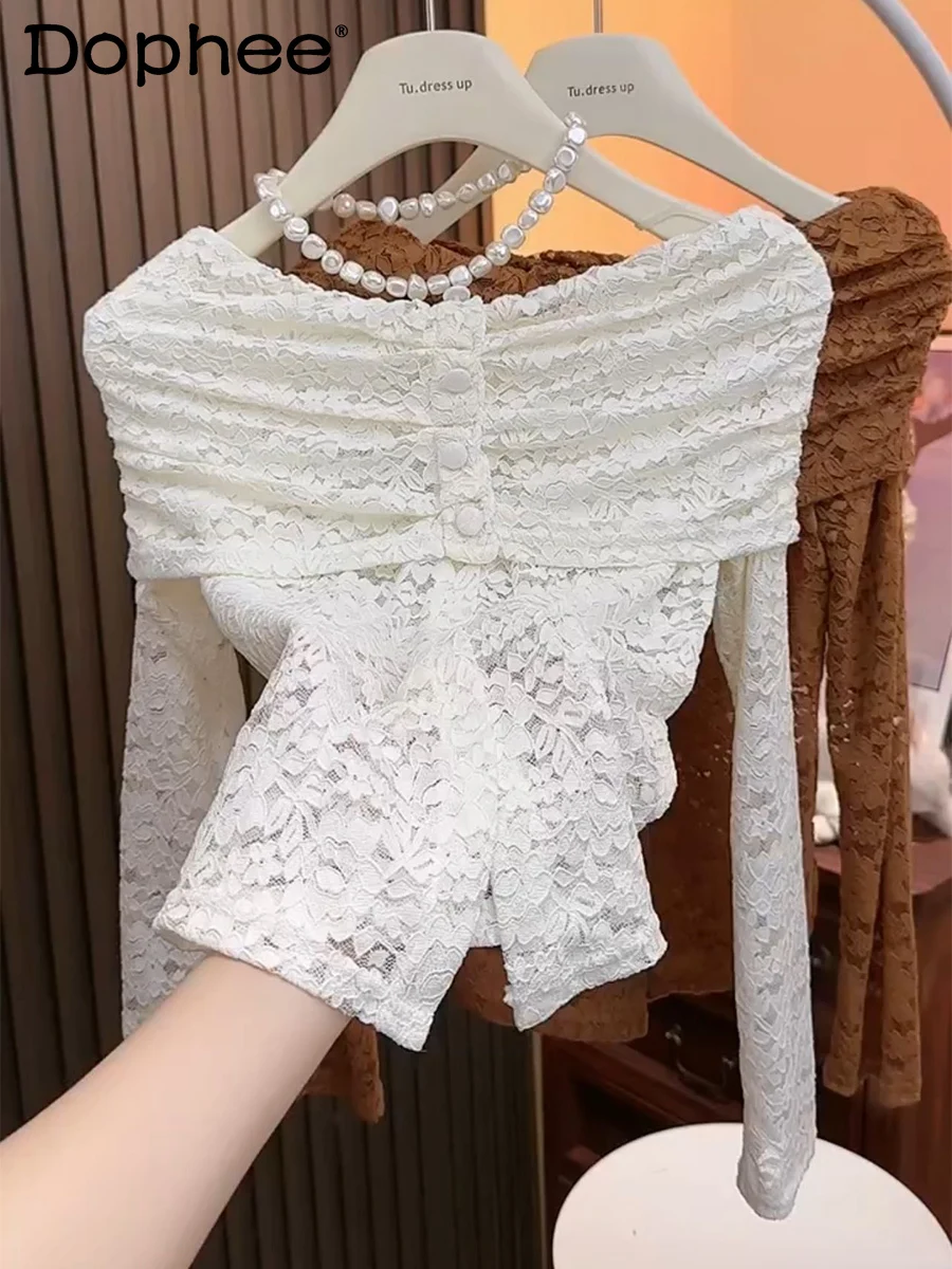 Autumn Sexy Off-Shoulder Collar Two-Way Lace T-shirt Blouse Women Chic Elegant Slimming Elegant White Long Sleeve T Shirt Top