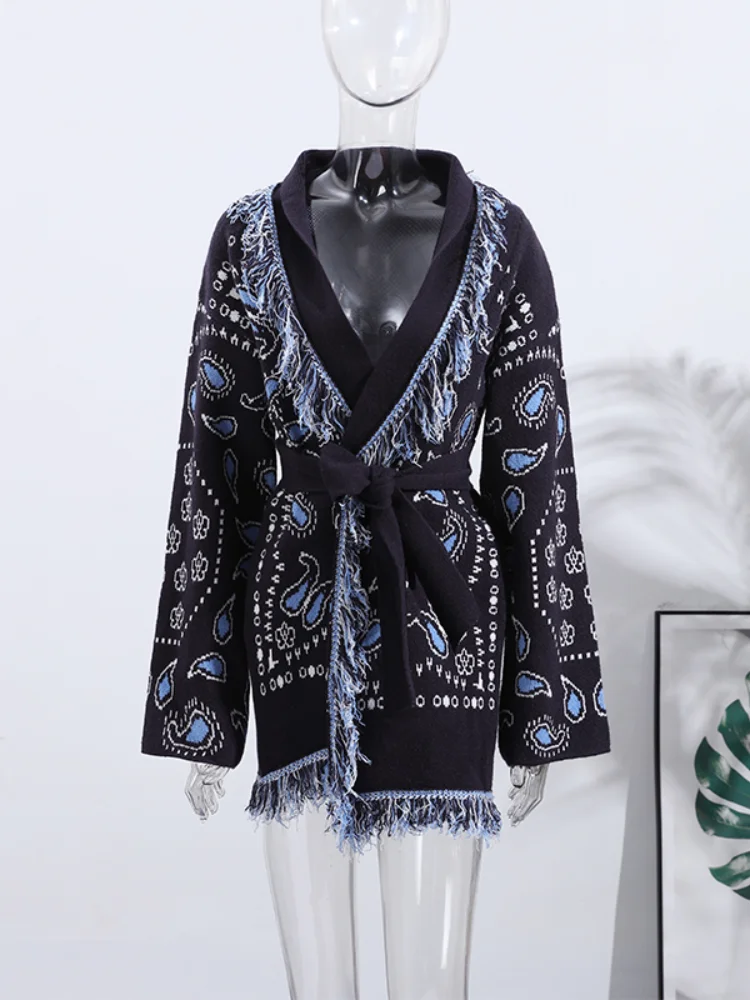 Elegant Print Tassel Cardigan Women Belt V-neck Long Sleeve Loose Knitted Sweaters Female 2025 Autumn Winter Chic Knitwears Lady