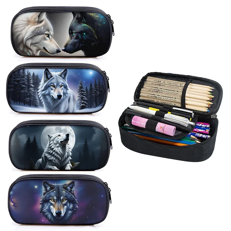 Cool Moon and Howling Wolf Print Pencil Bag Women Cosmetic Cases for Travel Teenagers Fashion Pencil Box School Supplies Gift