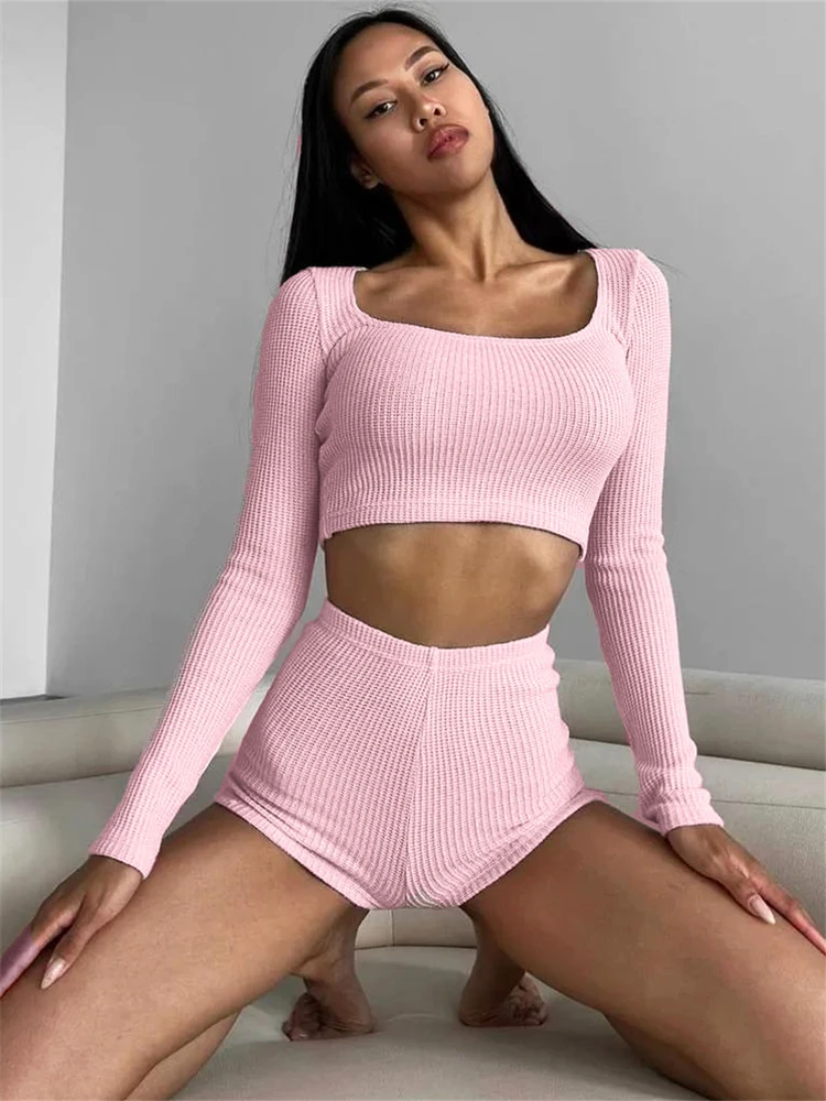 High Rise Solid Shorts Set Women’s New In Matching Sets Crop Top Hot Shorts 2 Pieces For Female Leisure Suit Streetwear