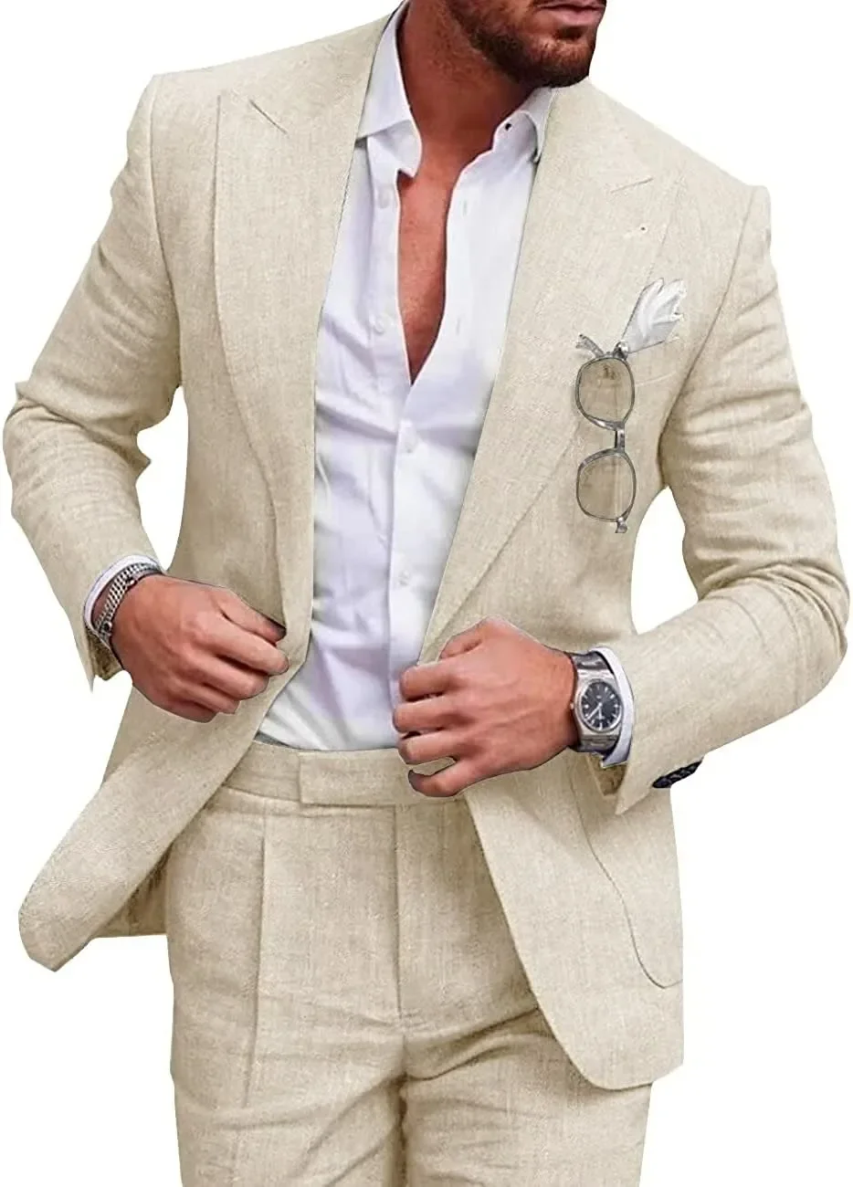 Mens Linen Suits for Beach Slim Fit 2 Piece Wedding Tuxedo for Men Attire Casual Summer Groomsmen Suit Holiday Party Marriage On