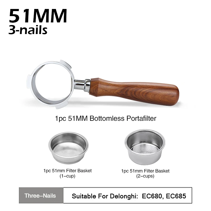 Koffie Bodemloze Filterhouder 51mm Naakt Voor Delonghi EC680 EC685 EC200 Filter Mand Espressomachine Accessoires Barista Gereedschap