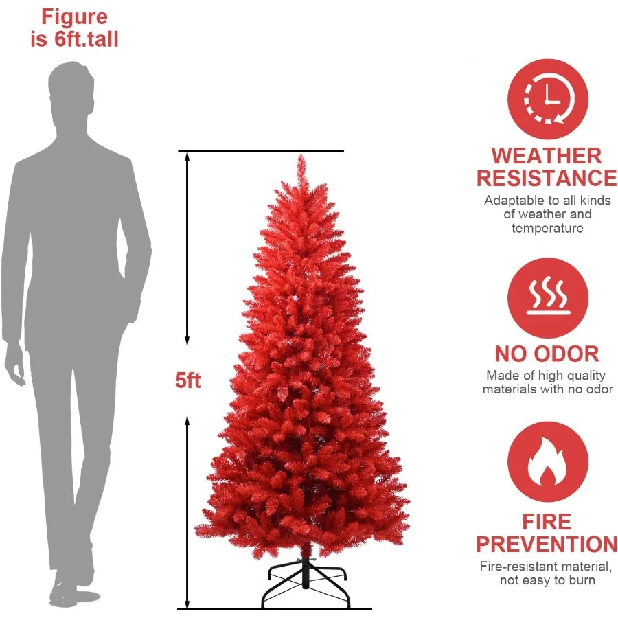 شجرة عيد الميلاد الحمراء الاصطناعية بطول 5 أقدام لتزيين المكاتب المنزلية والحفلات، شجرة عيد الميلاد الحمراء المفصلية الممتازة مع 624 Br