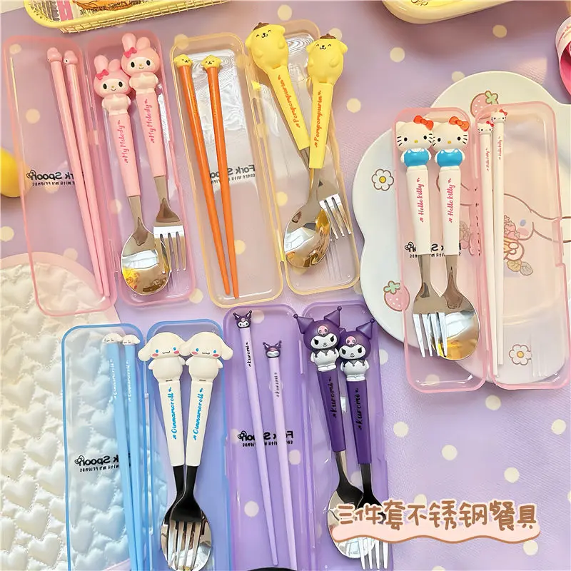 

New Sanrio Anime Kuromi Mymelody Cinnamoroll Kawaii Travel Tableware Set Cute Fork and Spoon Student Tableware Set Kitchen Gift