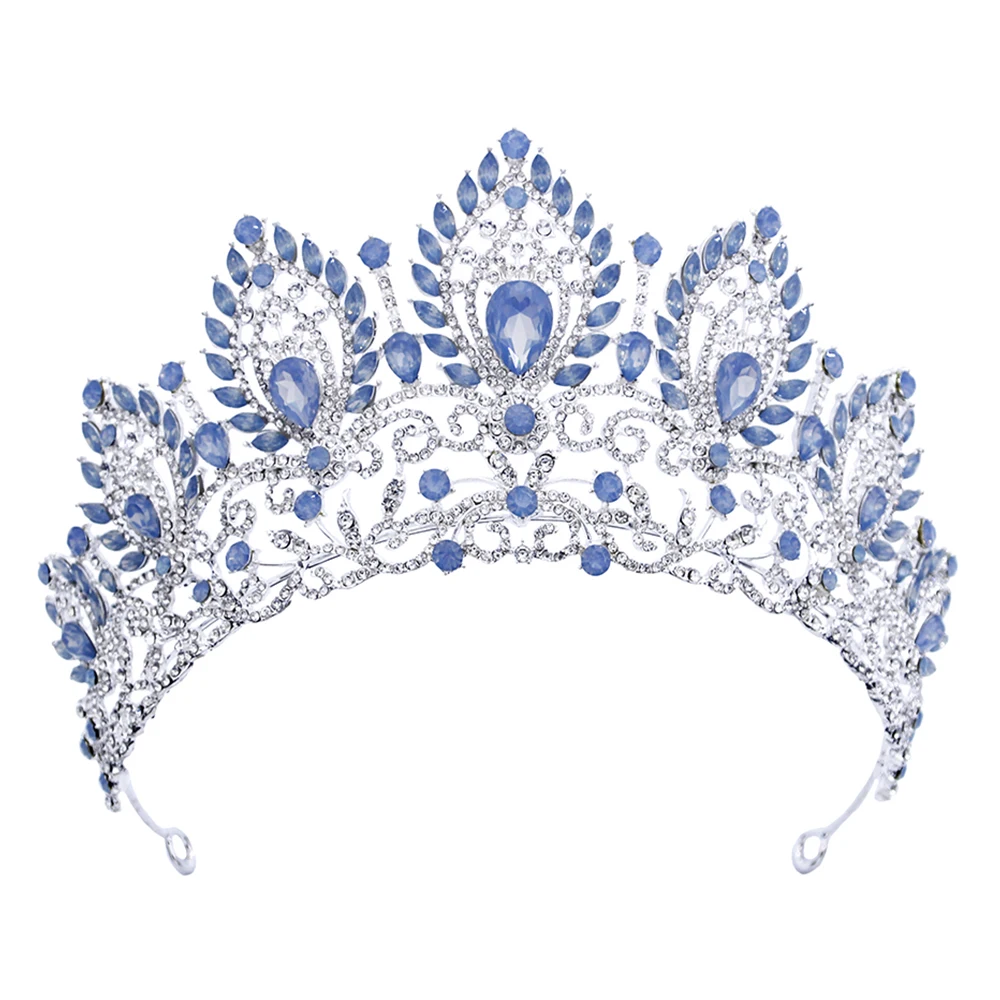 Corona azul de ópalo Vintage, diadema grande, coronas de novia para mujer, Tiaras, vestido de novia, corona, joyería para el cabello, tocado de princesa para cumpleaños