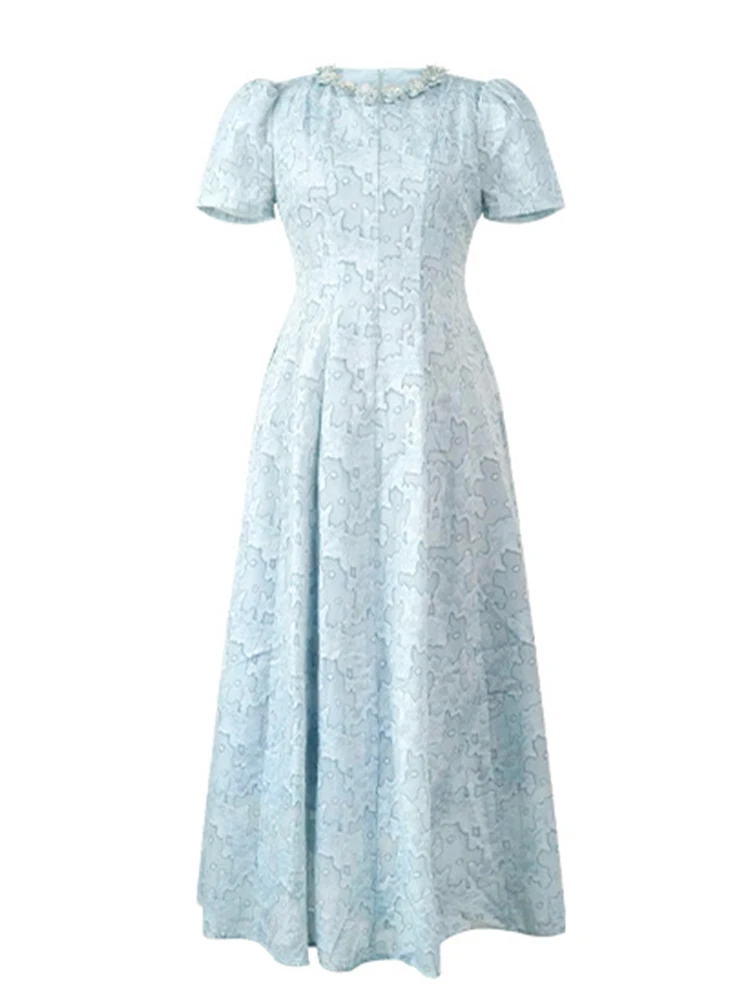 Women's Exquisite Elegant Party Dress Lady Pearl Flowers Trim Swing Long Robe Feminine Tea Party Vestido Prom Banquet Gown Femme