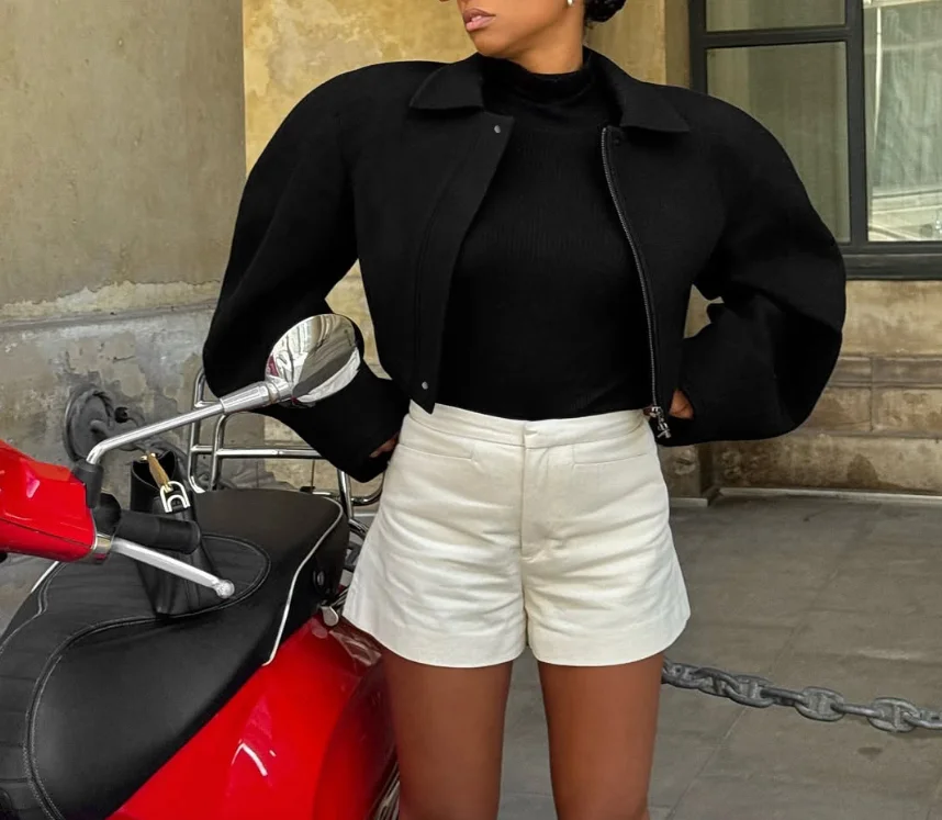 

Women's Jacket 2025 Fashion Autumn/winter Trend Casual Y2K Hot Girl Curved Knife Lapel Zipper Short Woolen Coat for Women