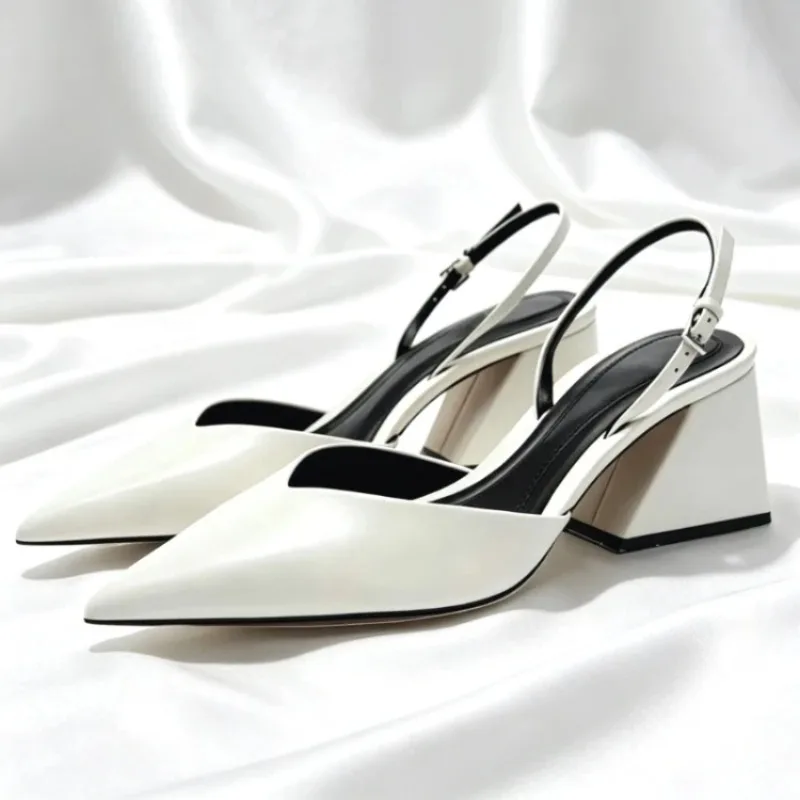 

Luxury Designer Chunky Heel Women Pumps Fashion Back Strap Buckle Design High Heels Ladies Sexy Pointed Toe Backless Party Mules