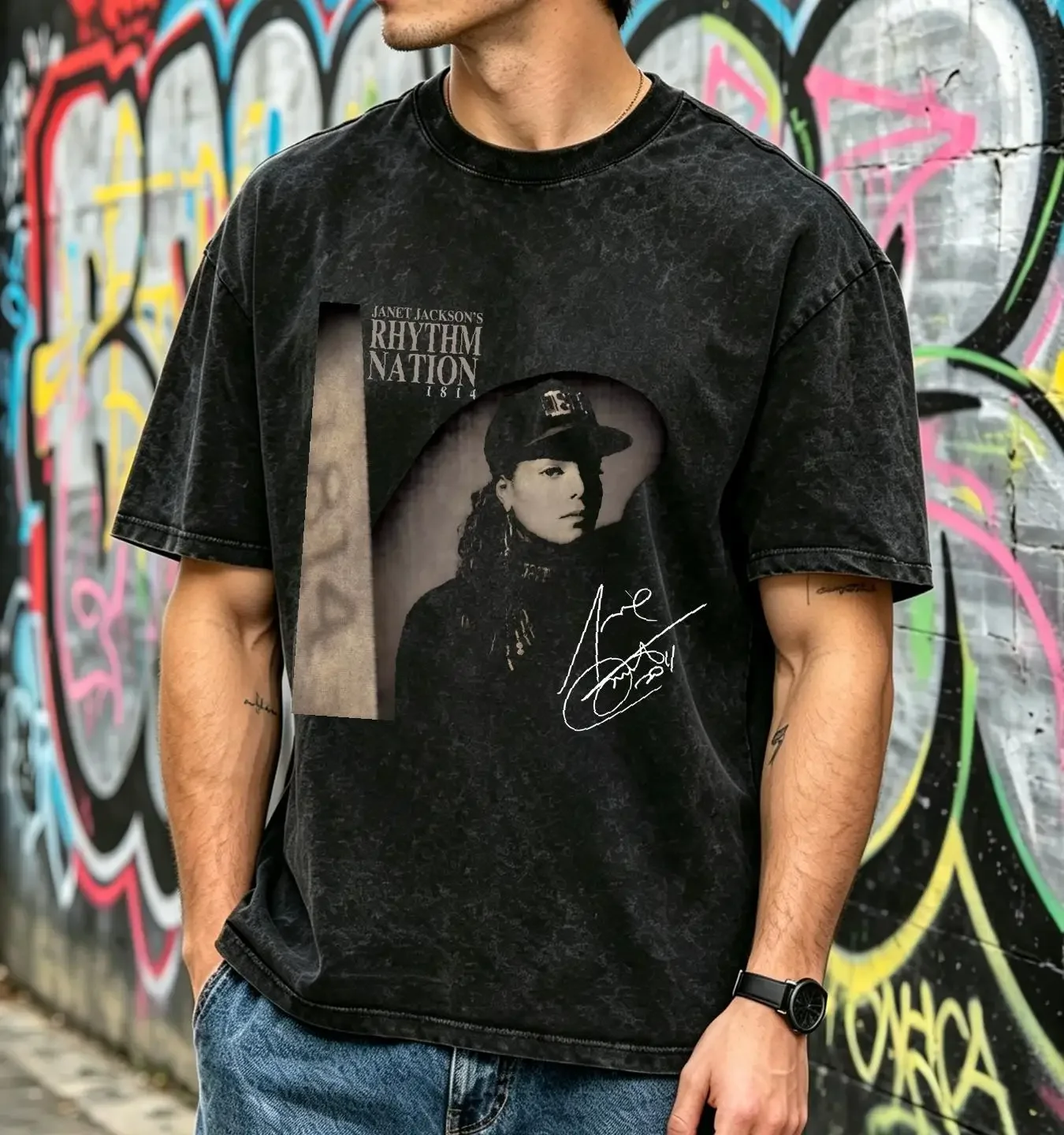 washed T Shirt Hot Janet Jackson Rhythm Nation 1814 Black Size S 2345XL SS3845 long or short sleeves vintage Washed Slightly