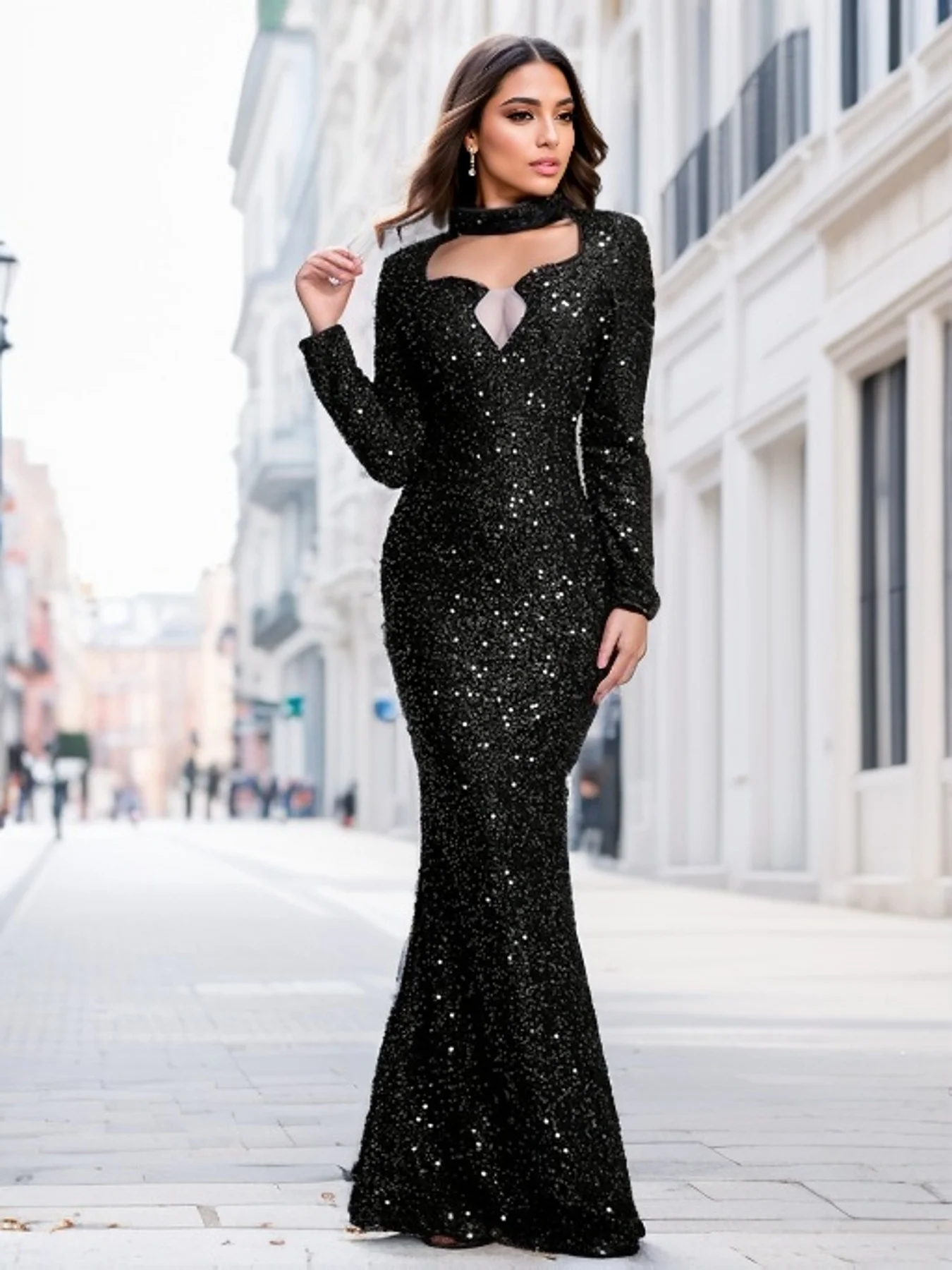 Pailletten O-Hals Holle Laag Uitgesneden Mesh Bodycon Feestjurk Blauwe Zeemeermin Vrouwen Vloerlengte Avondjurken 2024 Winter