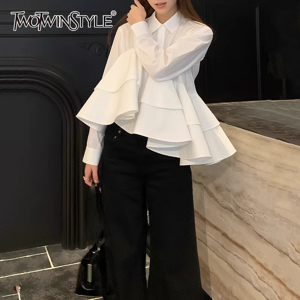 

TWOTWINSTYLE Solid Spliced Ruffles Chic Shirt Female Lapel Long Sleeve Loose Sweet Streetwear Women's Shirts Autumn Fashion New