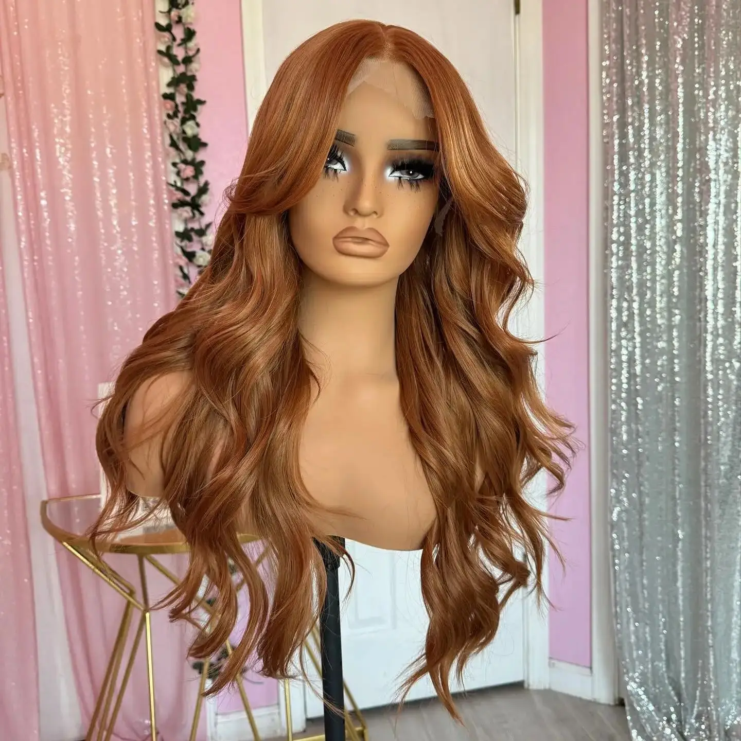 Fantasy Beauty High Quality Glueless Lace Front Synthetic Hair Wigs for Women 360 Ginger Brown Color Cosplay Lace Wigs Natural