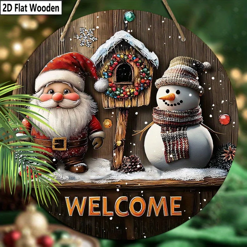 Ein 2D flaches Weihnachts-Weihnachtsmann-Logo, dekorativer runder Wandbehang aus Holz, Garten-Balkon-Dekoration, Weihnachtsdekoration