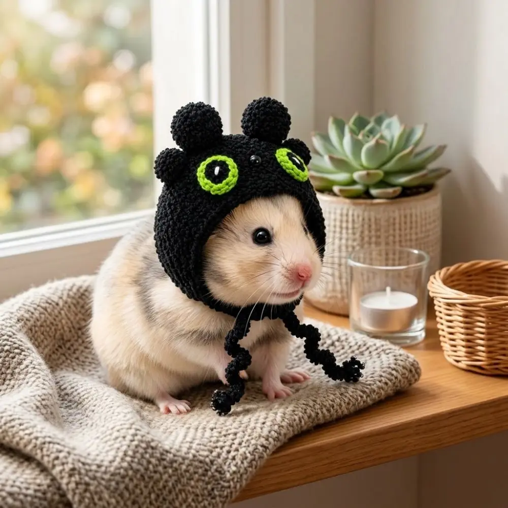 Adjustable Ties Small Pet Plush Crochet Hat Sunflower Bear-Shaped Hamster Knitted Hat Hand Crocheted Shape-Retaining