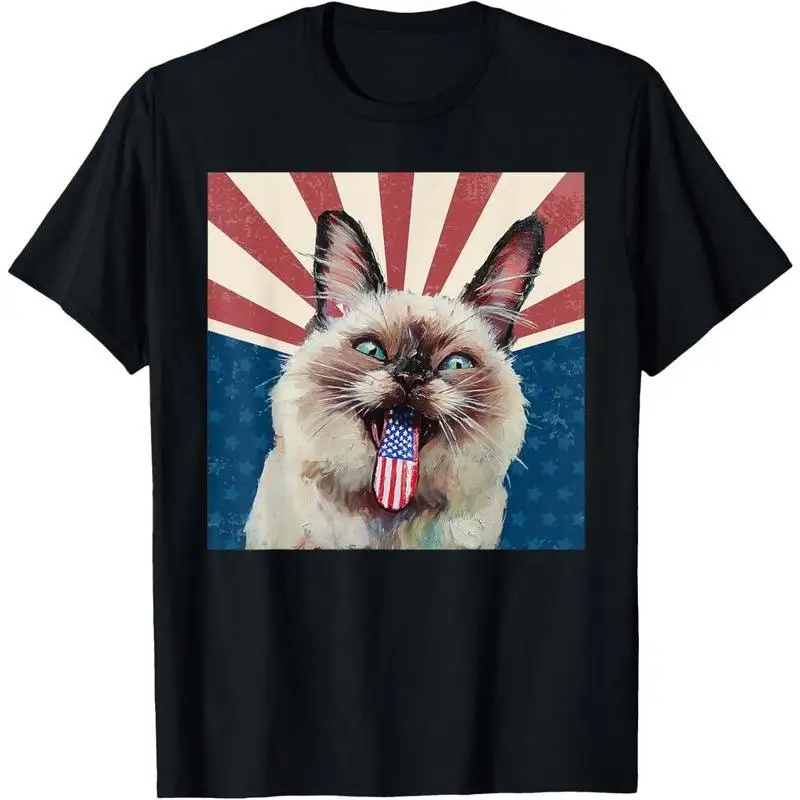 

Funny Cat T-shirt, Patriotic American Flag Tongue Cat Graphic Tee, Cool USA Lover Gift, Vintage Pet Lover Shirts for Men & Women