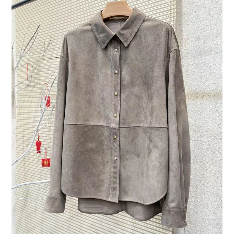 Echt Suède Jas Lente Herfst Mode Eenvoudige Casual Single Breasted Grijs/Koffie Schapenvacht Lange Mouwen Shirt Jas Vrouwelijke