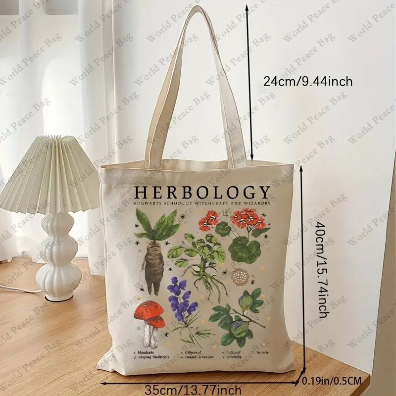 1pc Herbology Plants Pattern Tote Bag, Botanical Travel Bag, Gardening Tote Bag Shoulder Bag, Gift For Plant Lover