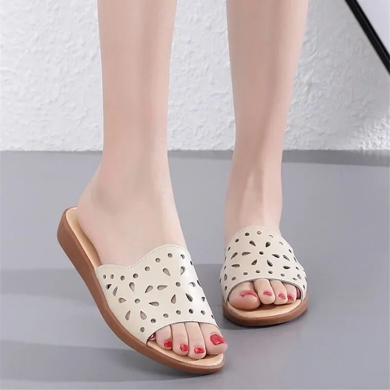 TIMETANGGenuine Leather Flat Slippers for Women Casual Beach Slippers Non-slip Summer Sandals Hollow Out Fashion Soft ShoesWoman