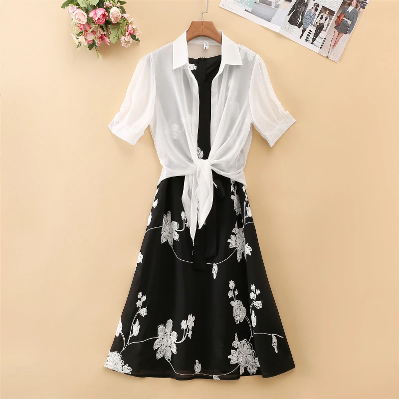 New Elegant Suit Two-piece Dress High Waist Sleeveless Slim A-line Skirt Floral Embroidery White Top Bow Belt Vintage  WOMEN