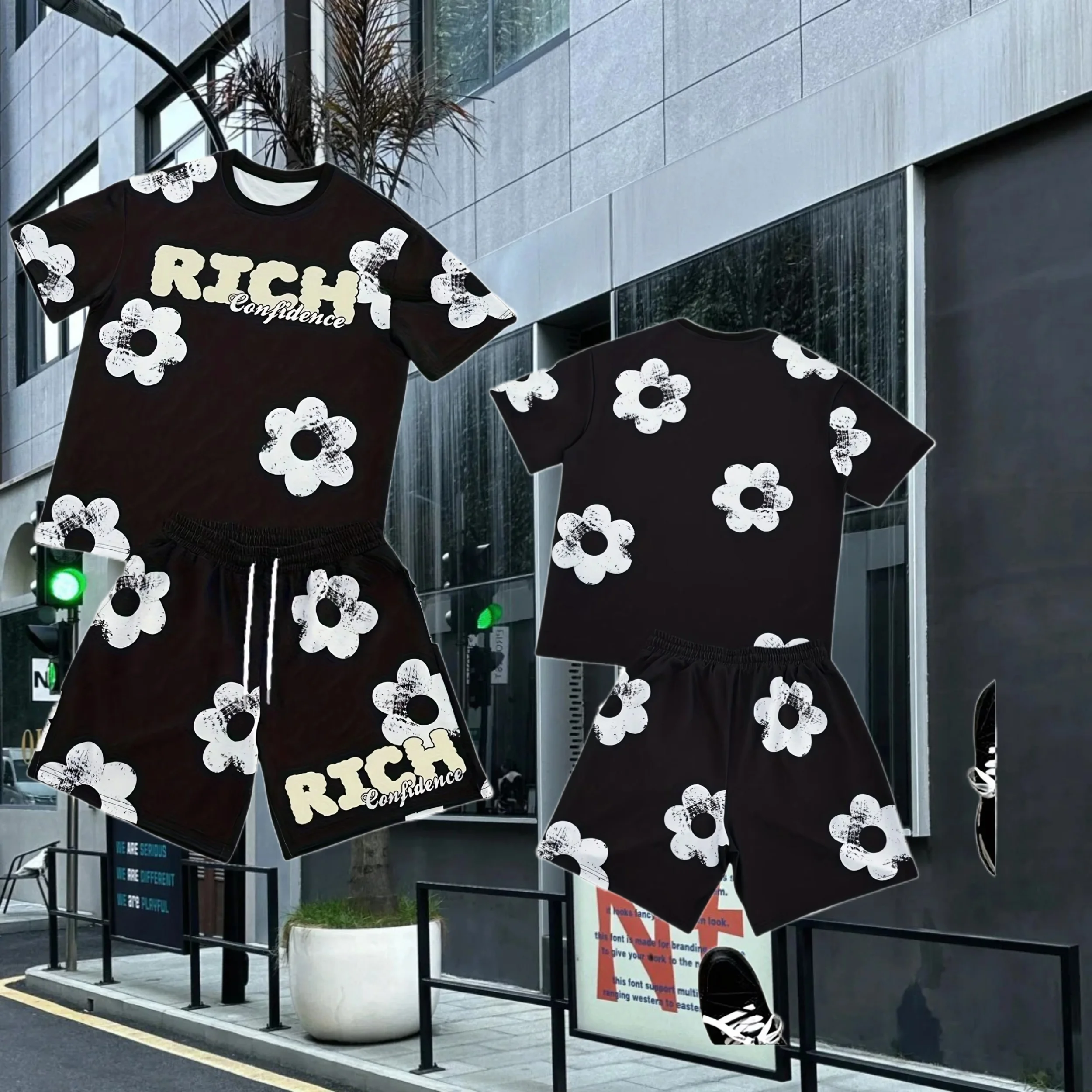 

2025/26 White Flowers Printed Men's Suit 2 Pieces Set Casual Suit SportswearFitness Set Men's Tracksuit Oversized Clothes