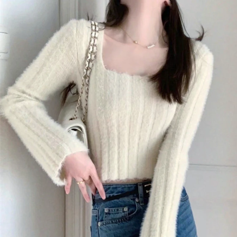 Cropped Pullovers Women Slim Knitted Sexy Gentle Inner Autumn Winter Sweater Chic Square Collar Females Soft All-match Ulzzang