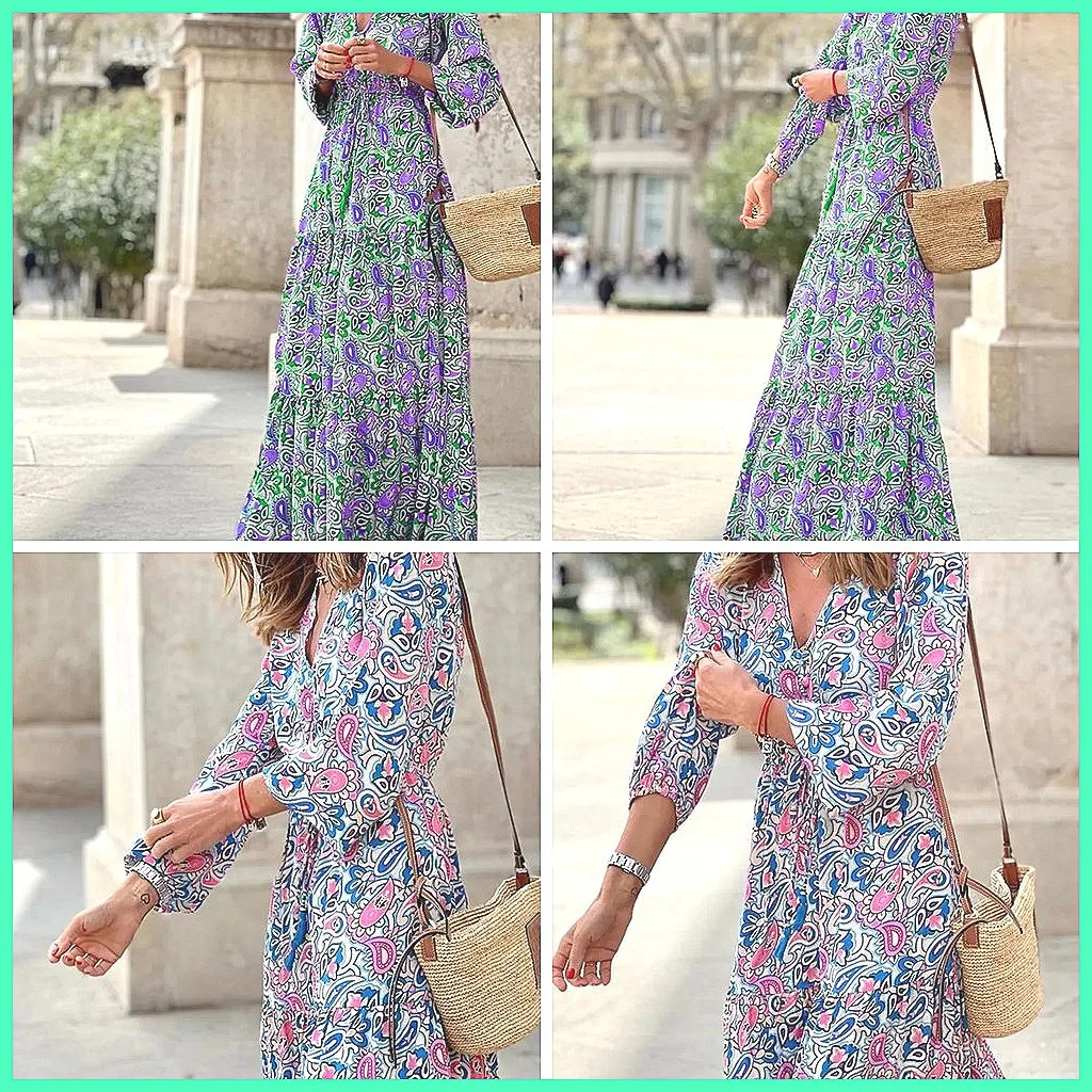 

Women's Bohemian Printed Long Dress V-Neck Tie Waist Long Sleeve Autumn Casual Dress
