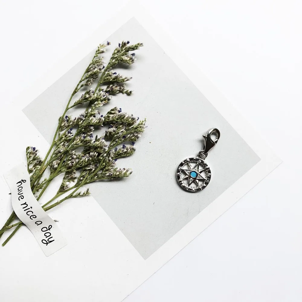 Real 925 Sterling Silver Bead Compass Vintage Pendant Charm For Women Men DIY Jewelry