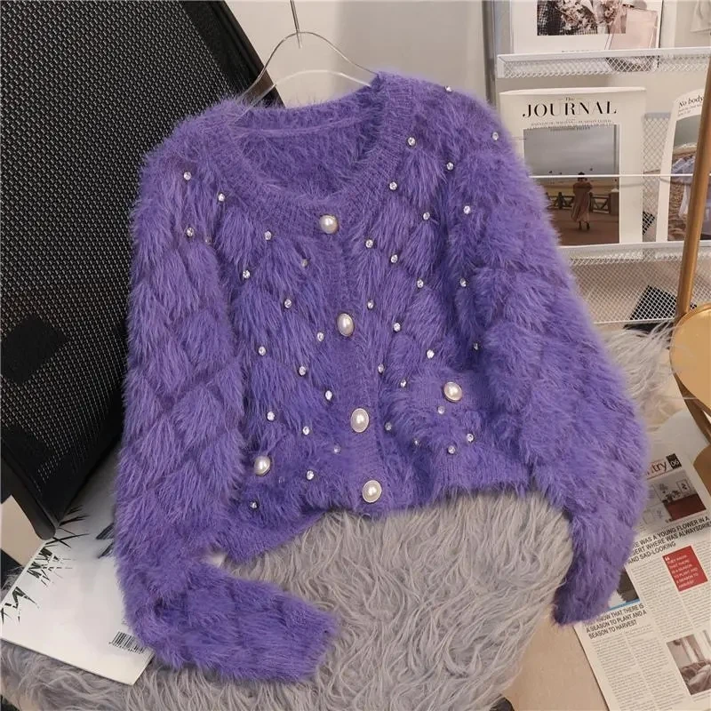 

Fashion Bead Imitation Mink Sweater Jacket Women Autumn Winter New Sweater Long Sleeved Knitt Cardigan Coat Female