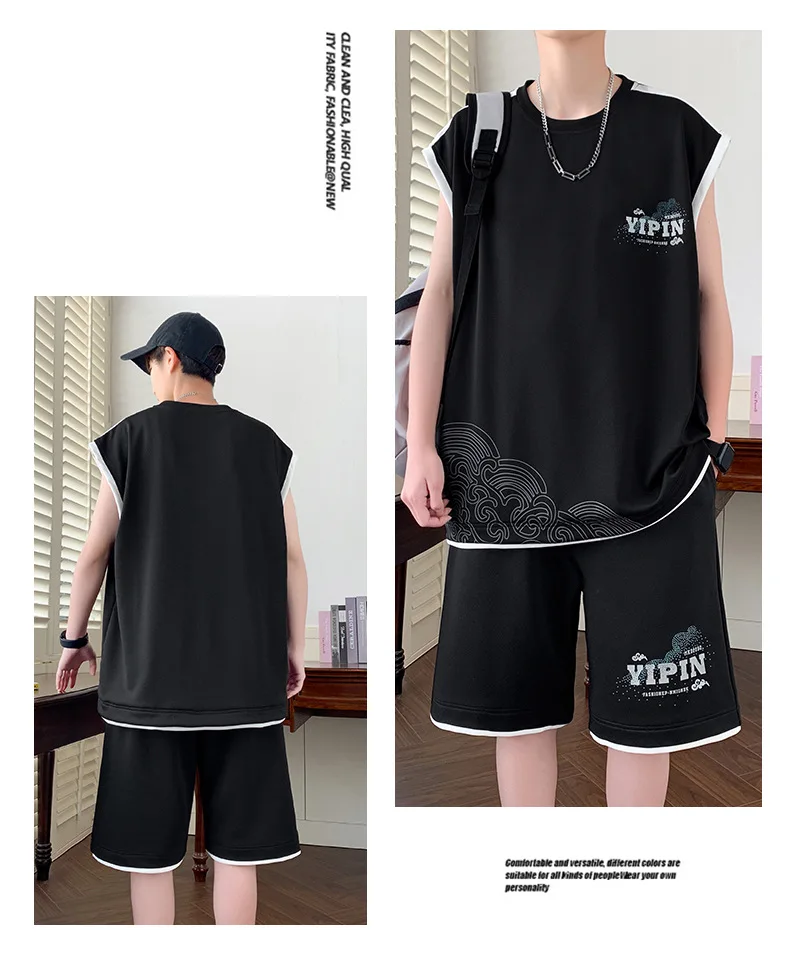 2025 Summer Ice Silk Men's Workout Set  Cooling Sleeveless Top & Shorts Two Piece Athletic Gym Running Breathable Outfit