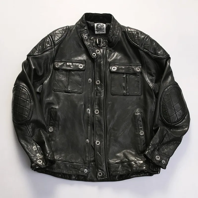 Detachable protective gear cycling motorcycle suit leather men's stand-up collar multi-pocket fully vegetable-tanned