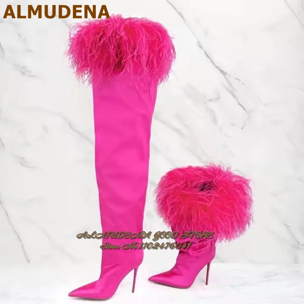 

ALMUDENA Hot Pink Fluffy Fringe Long Boots Black Satin Fabric Over The Knee Fur Boots Two-Way Thin High Heel Dress Shoes