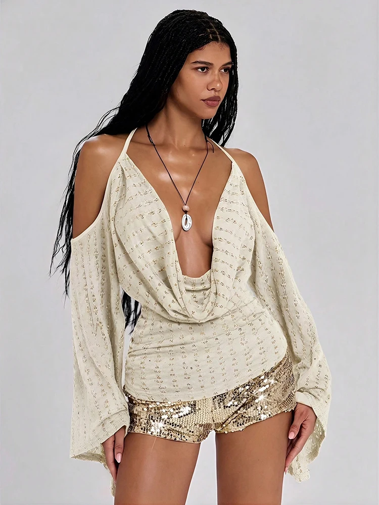 Sisterlinda Backless T-Shirt Women Butterfly Sequin Applique Chain Patchwork Off-Shoulder Swing Collar Bell Sleeve Streetwear