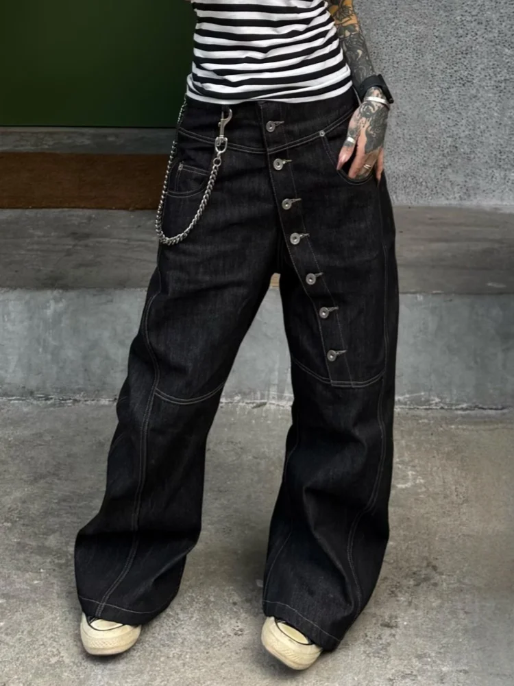 2026 Ropa Y2K Streetwear Button Design Black Patchwork Baggy Harem Jeans Pants For Women Clothing Lady Trousers Pantalon Femme