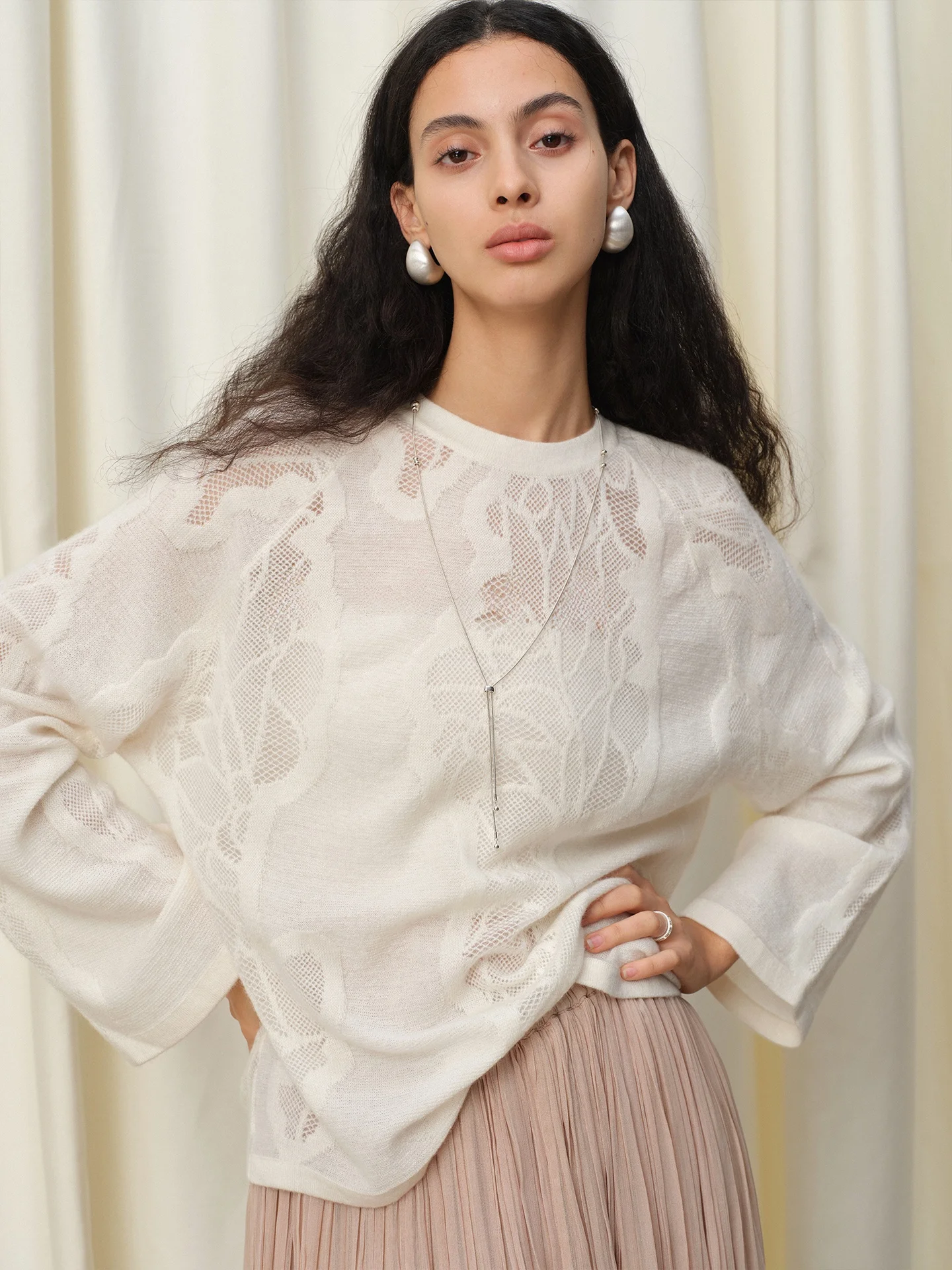 

Mannala White Flower Wall Lazy Ele Loose Knitted Wool Sweater round Ne Hollow out Design Women's Autumn Faion Q30