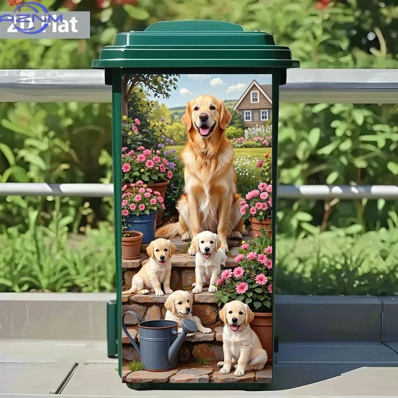 [2D Flat Printing]1pc Trash Can Sticker[Title Translated, Do Not Change] Golden Retriever Family Enjoying Flowers Theme Design
