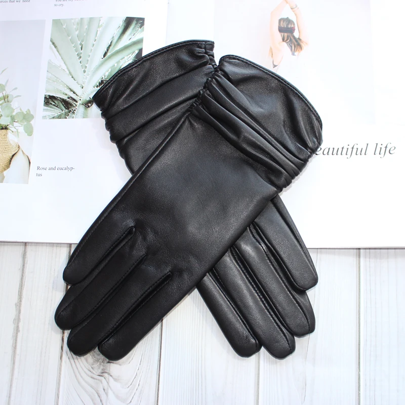 New women's sheepskin gloves touch screen mid-length silk elastic plus velvet autumn and winter windproof driving gloves