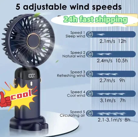 Ventilador recargable por Usb de 5 velocidades con soporte para teléfono, Mini ventilador de mano con pantalla de visualización, Plegable, portátil,