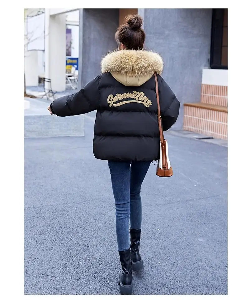 Down Cotton Jacket For Women Short Thickened 2026 Winter New Big Fur Collar Loose Cotton Coat Women's Warm Hooded Jackets Parker